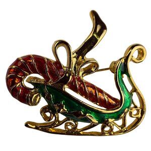 Vintage Womens Multicolor Enamel Sleigh Christmas Brooch Pin Red Green Gold Tone